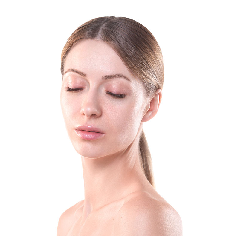 A woman with her eyes closed on a white background.